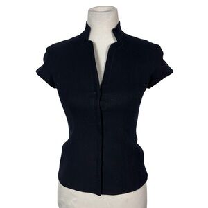 Escada Women’s Navy Blue Button Up Mandarin Collar Short Sleeve Top Size 32 XS